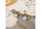 Gold Plated Stainless Steel Bowknot White Pearl Earrings